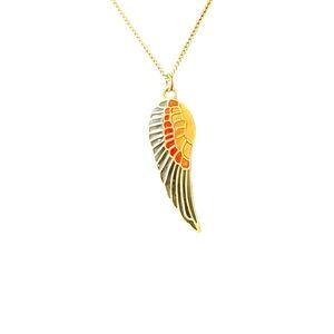 Vintage Cloisonné Enamel Wing Feather Pendant Gold Tone Necklace